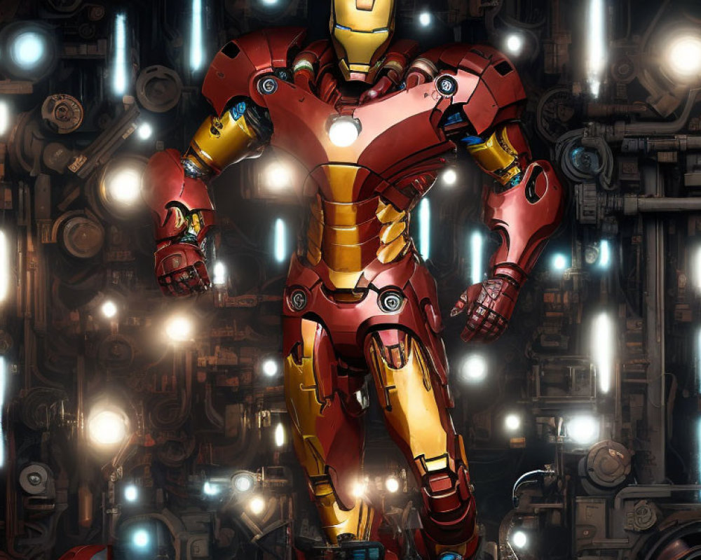 Futuristic Iron Man Suit with Glowing Blue Lights on Mechanical Background