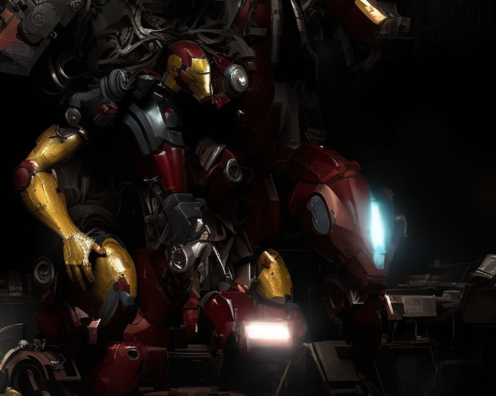 Detailed Iron Man armor artwork with lit helmet in mechanical wreckage