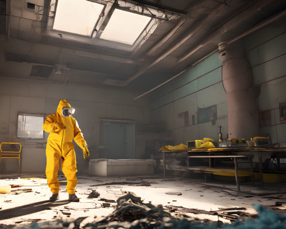 Person in hazmat suit in abandoned industrial interior