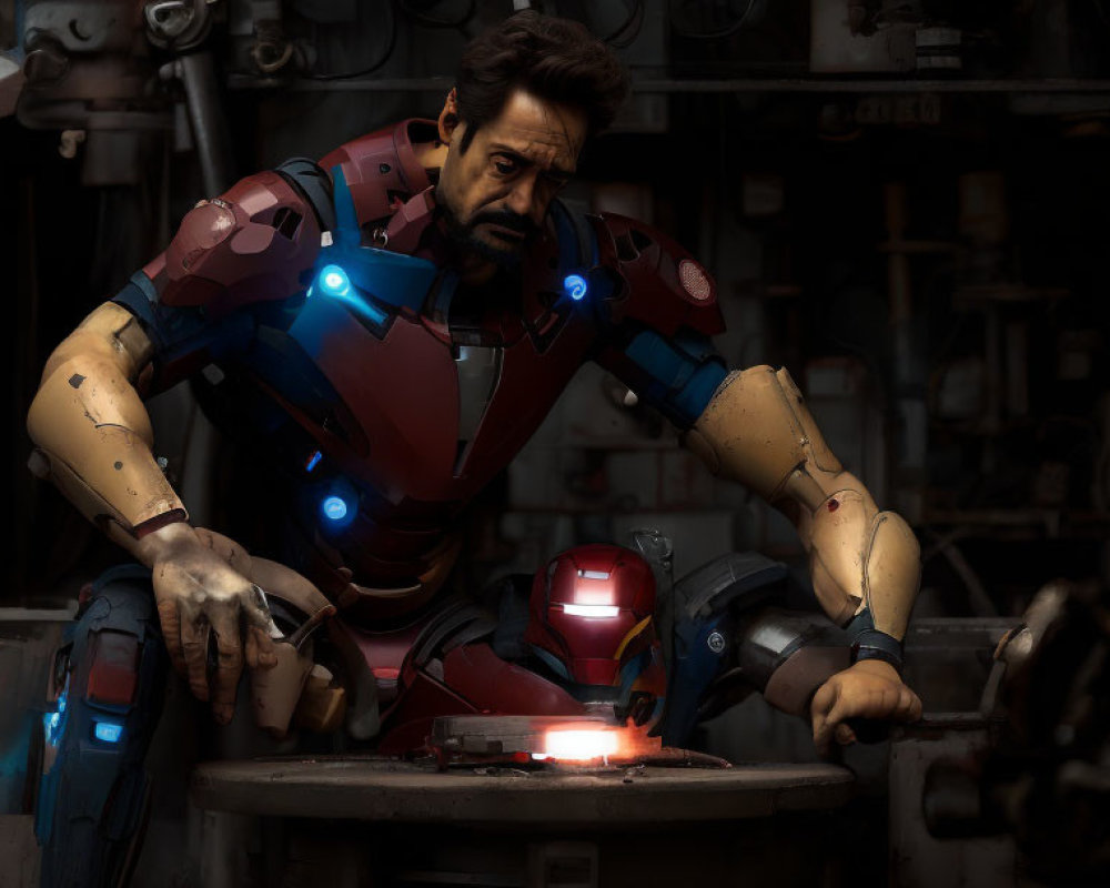 Person crafting Iron Man suit in dimly lit workshop with glowing arc reactor