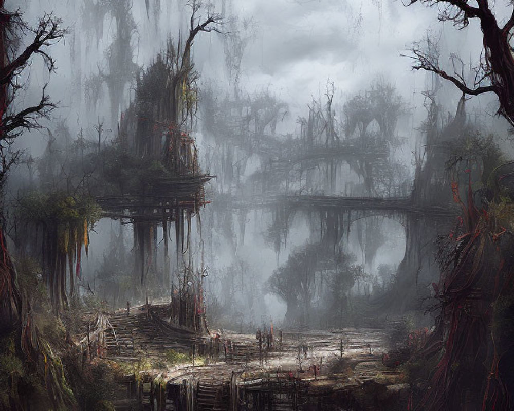 Eerie swamp landscape with twisted trees and old structures