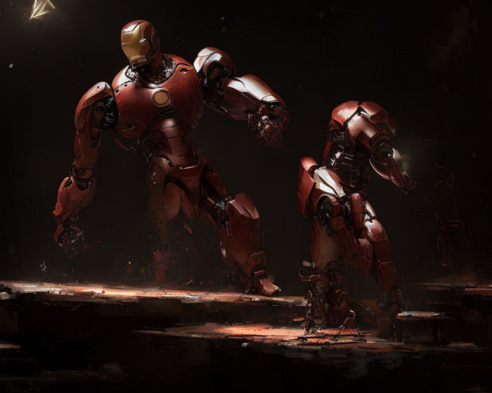 Large Armored Robotic Figures in Dark Industrial Setting with Dramatic Lighting