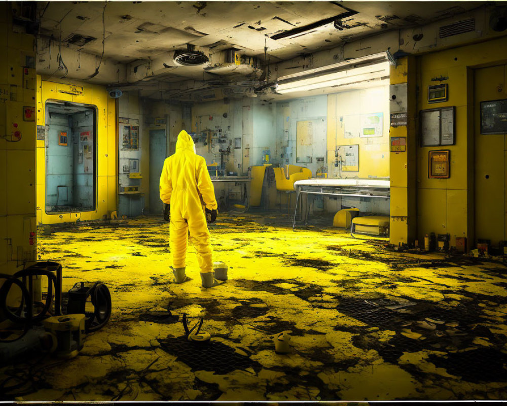 Yellow hazmat suit figure in abandoned room with peeling paint.