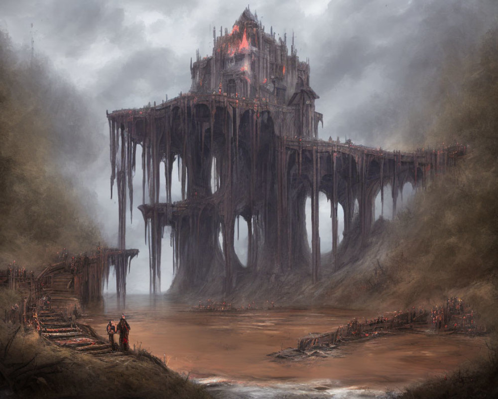 Imposing fortress in dark fantasy landscape with river of lava