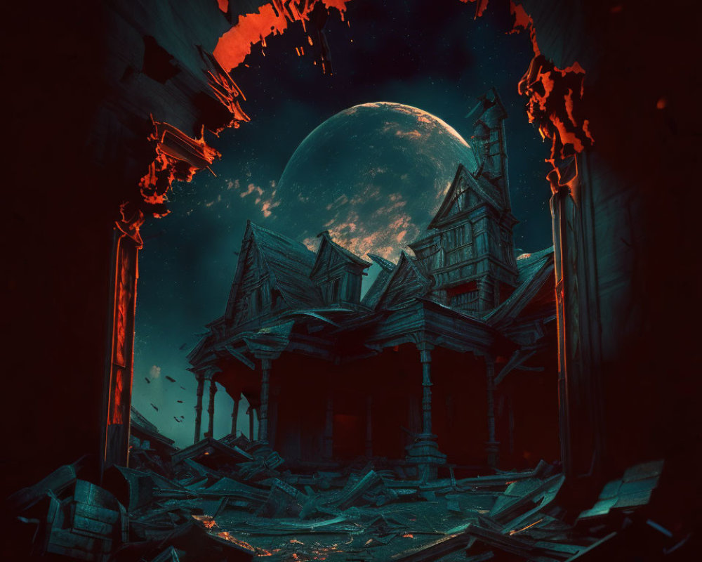 Gothic architecture house under crescent moon in dark setting
