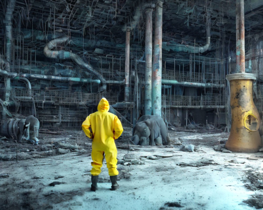 Yellow Hazmat Suit Figure in Dilapidated Industrial Room with Elephant Sculptures