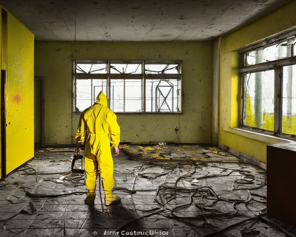 Person in yellow hazmat suit in abandoned room with peeling paint and debris.