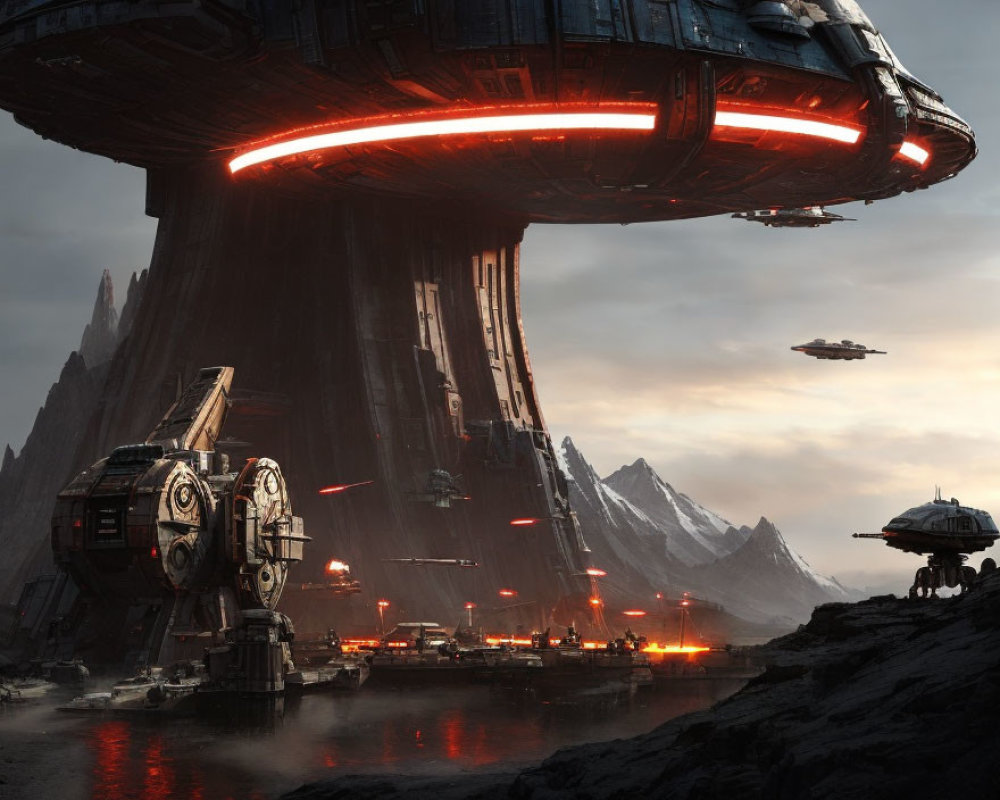 Gigantic spaceship over rocky landscape with smaller ships and red-lit base.