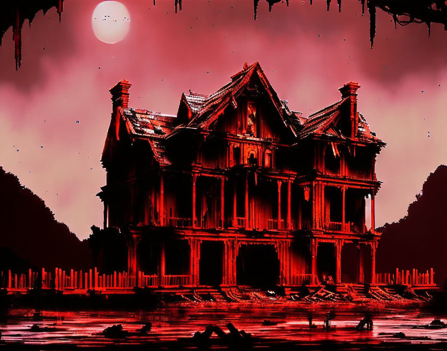 Dilapidated mansion under crimson sky and blood-red sun