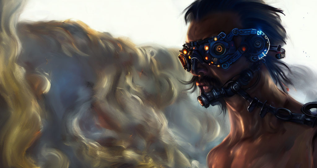 Long-Haired Man in Detailed Futuristic Mask with Colorful Swirls