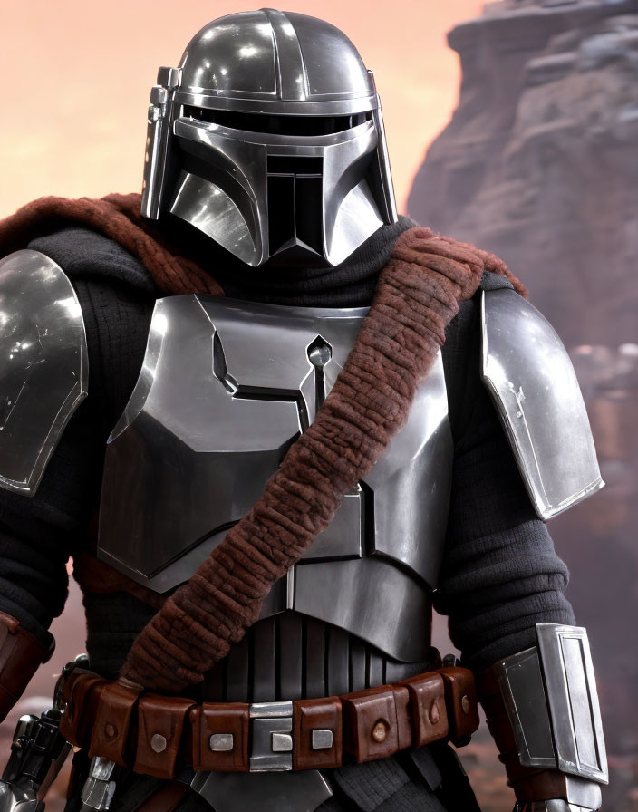 Silver metallic armor-clad person with helmet and brown shoulder cloth against rocky backdrop