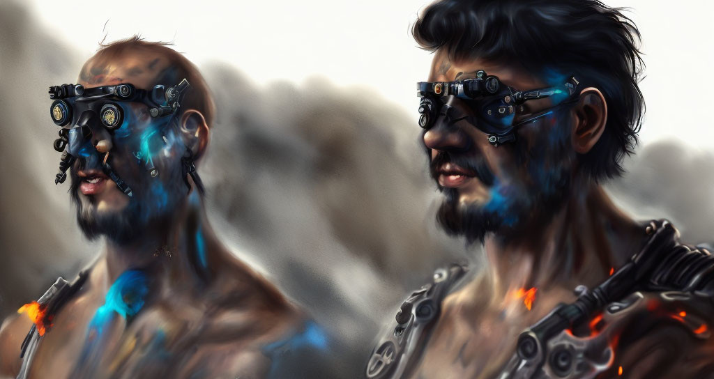 Futuristic cyborg men with mechanical eye pieces and glowing blue elements on skin