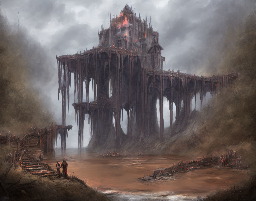 Imposing fortress in dark fantasy landscape with river of lava