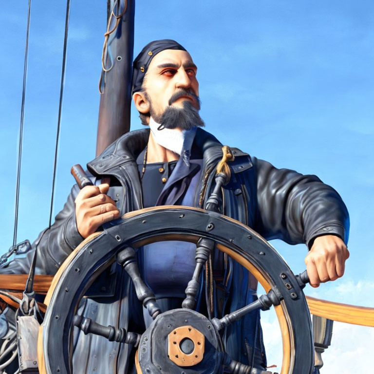 Bearded sea captain on ship deck with pipe under clear sky