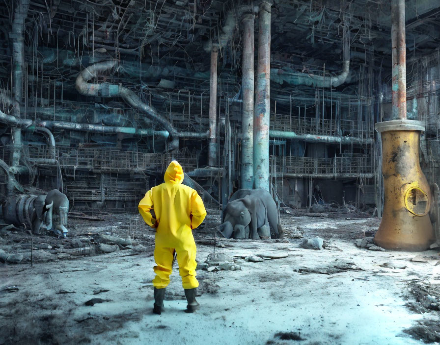 Yellow Hazmat Suit Figure in Dilapidated Industrial Room with Elephant Sculptures