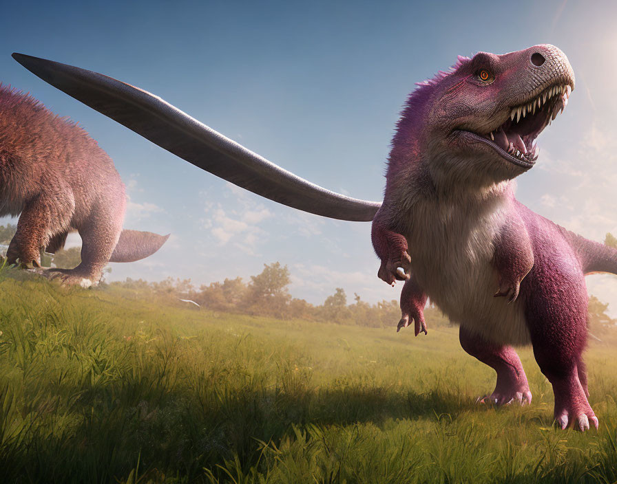 Purple Tyrannosaurus Rex in Field with Another Dinosaur