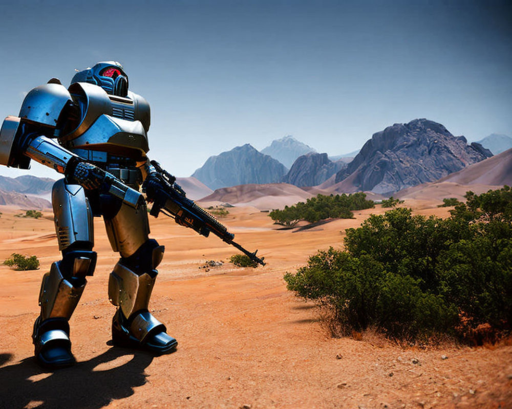 Blue-armored robot with gun in desert landscape with mountains and clear sky