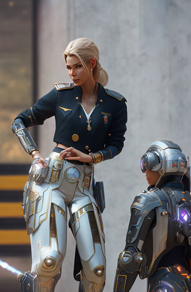 Female character and robot companion in futuristic military setting