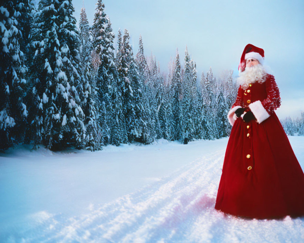 Santa Claus in Snowy Landscape with Pine Trees
