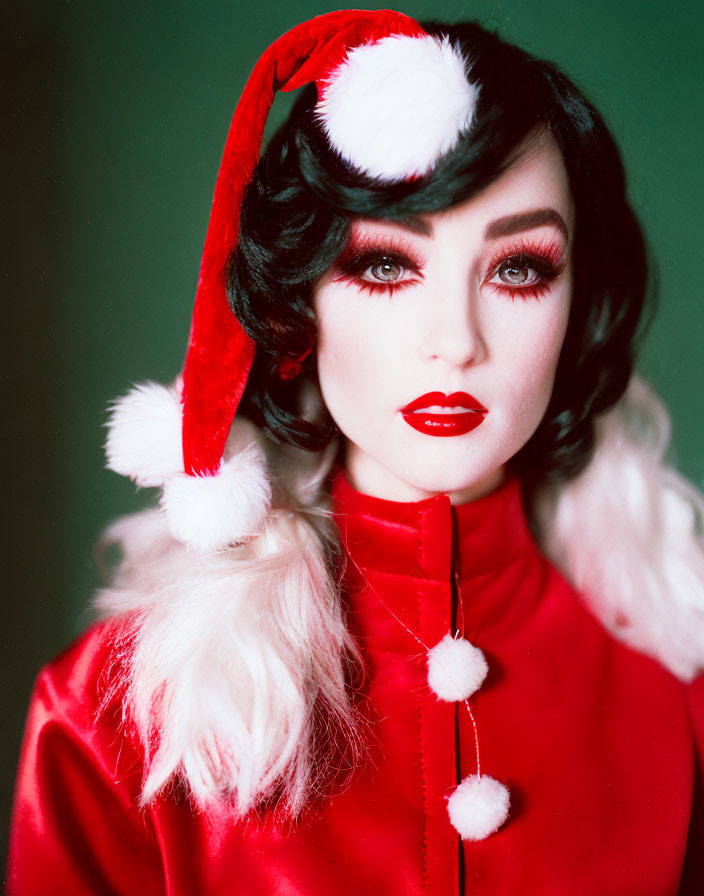 Person with dramatic makeup and red Santa hat on green background wearing red top with white fur trim