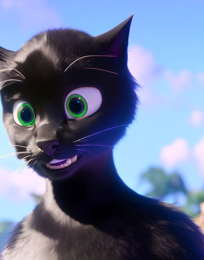 Surprised black cat with green eyes in 3D animation against blue sky