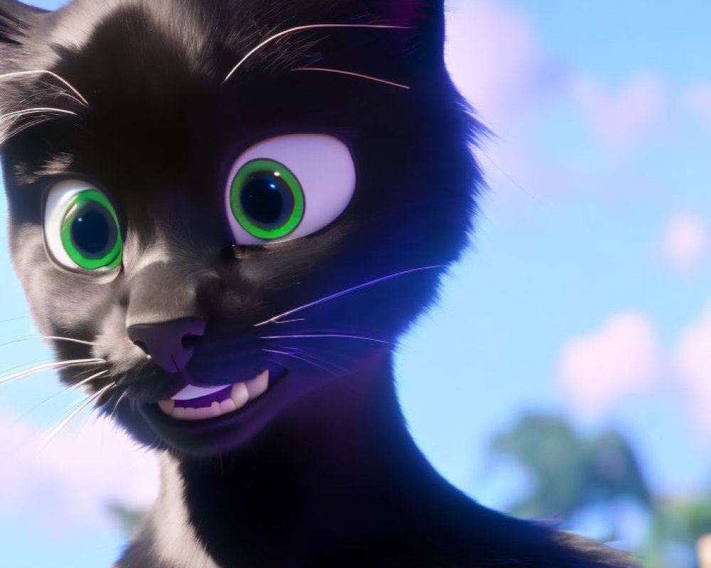 Surprised black cat with green eyes in 3D animation against blue sky