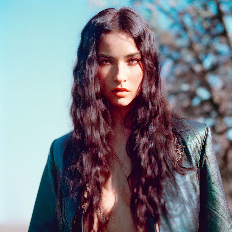 Woman with long dark hair in green jacket against natural backdrop