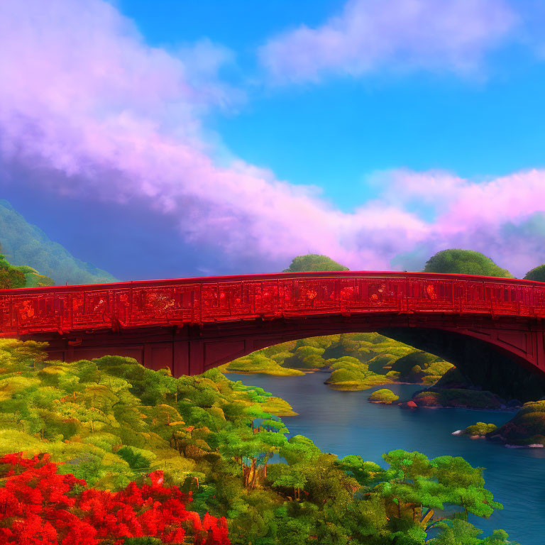 Red bridge over serene river in lush greenery and red foliage landscape