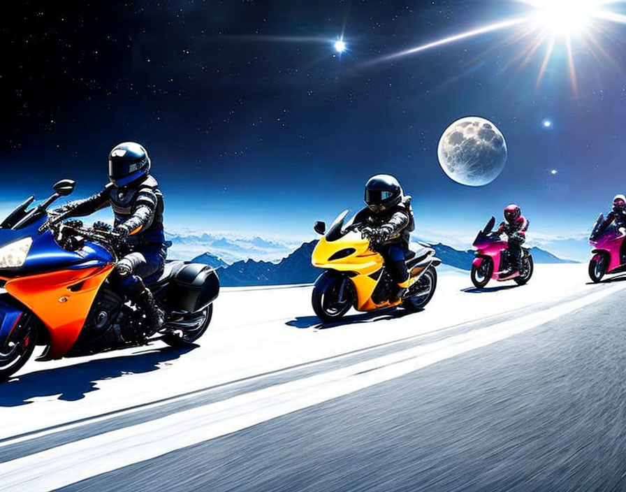 Motorcyclists racing on sleek road with mountains, starry sky, and full moon
