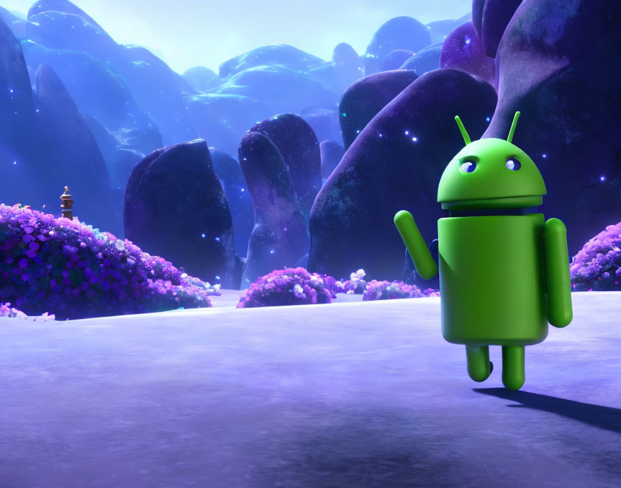 Android mascot in vibrant alien landscape with purple foliage under starry sky