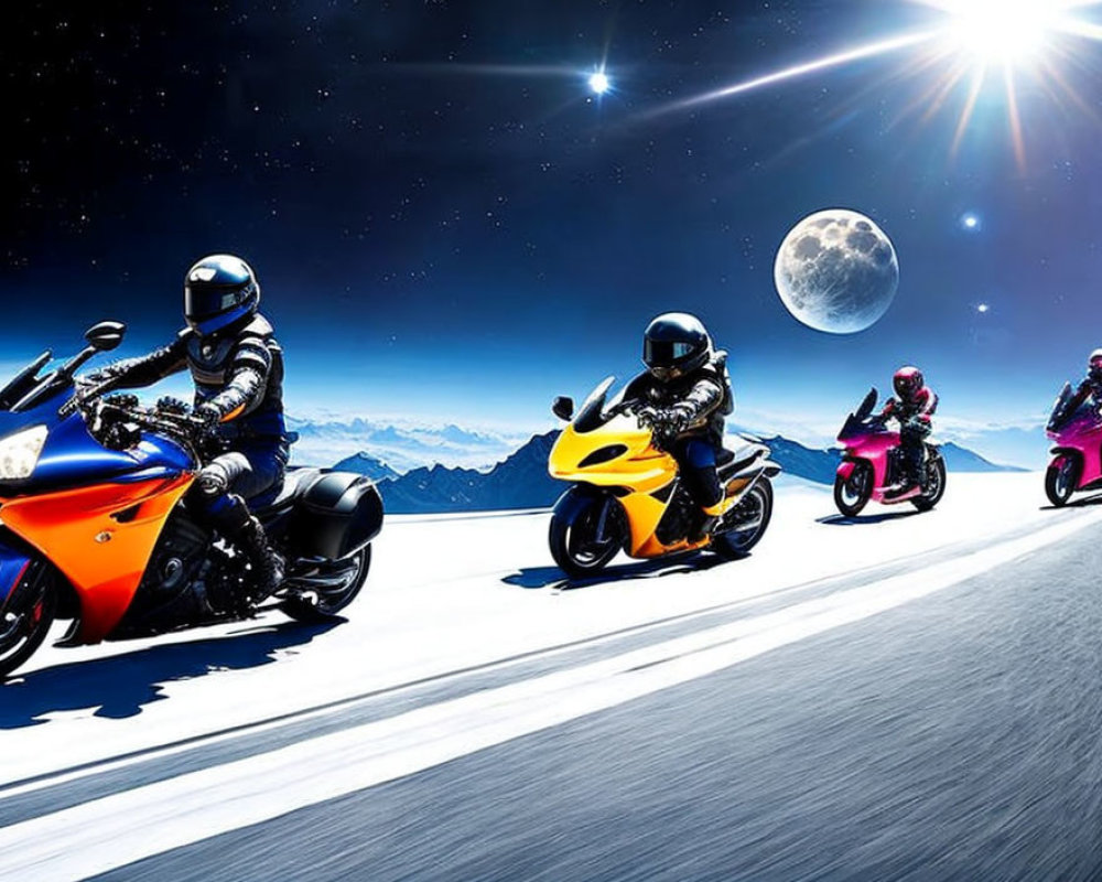 Motorcyclists racing on sleek road with mountains, starry sky, and full moon