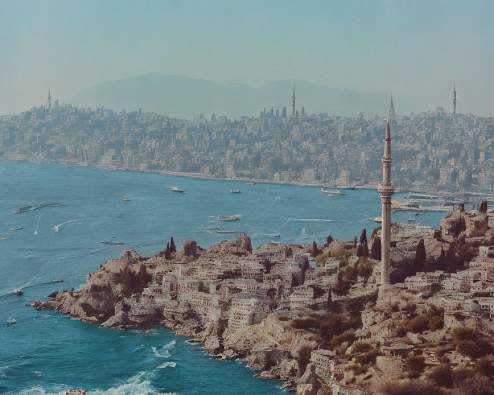Coastal city panorama with mosque minaret, boats, and urban skyline under hazy sky