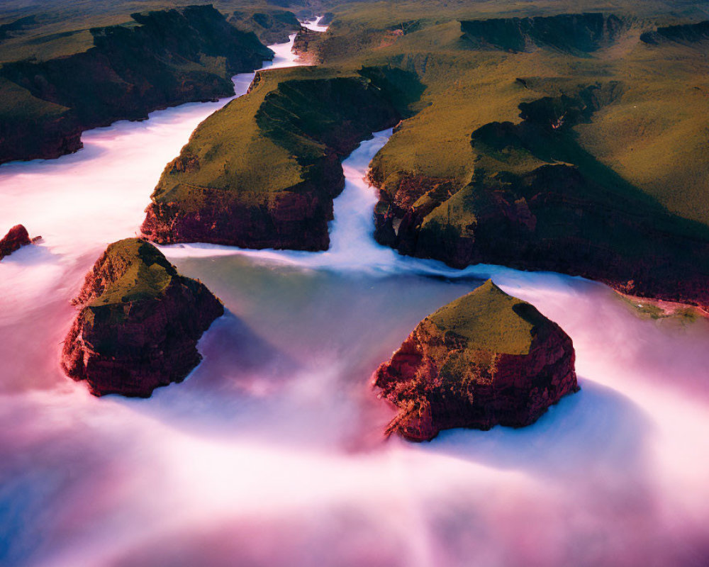 Misty Sunrise Aerial View of Verdant Cliffs and River Valleys