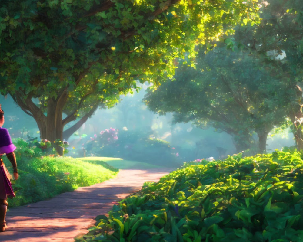 Sunlit Path through Lush Greenery and Trees