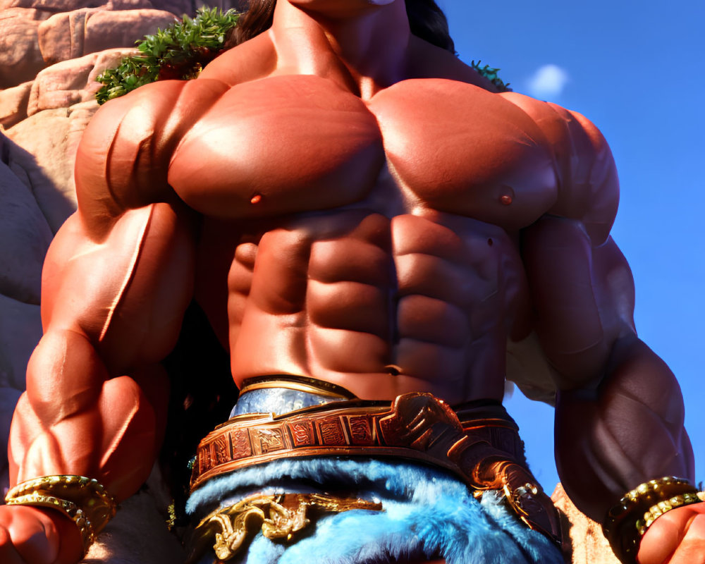 Muscular animated character in loincloth and armbands against rocky terrain