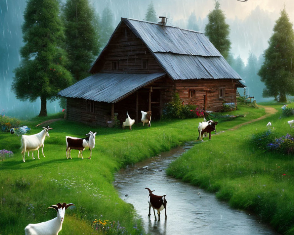 Rustic wooden cabin in greenery with goats by stream under misty sky
