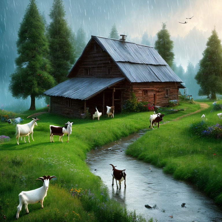 Rustic wooden cabin in greenery with goats by stream under misty sky