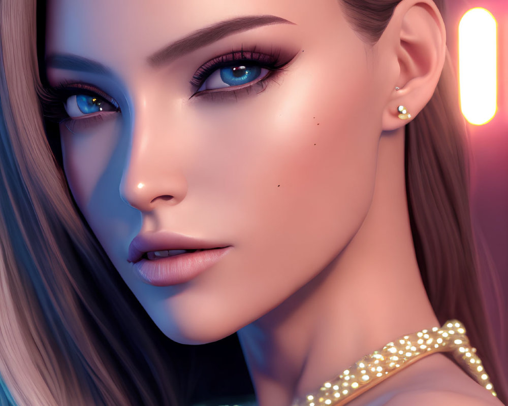 Portrait of woman with blue eyes, smooth skin, and pearl jewelry against neon background