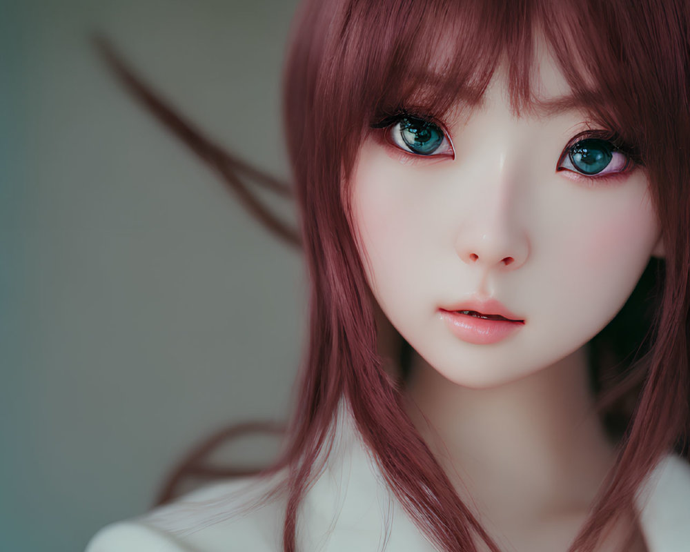 Portrait of female character: blue eyes, pink hair, porcelain skin