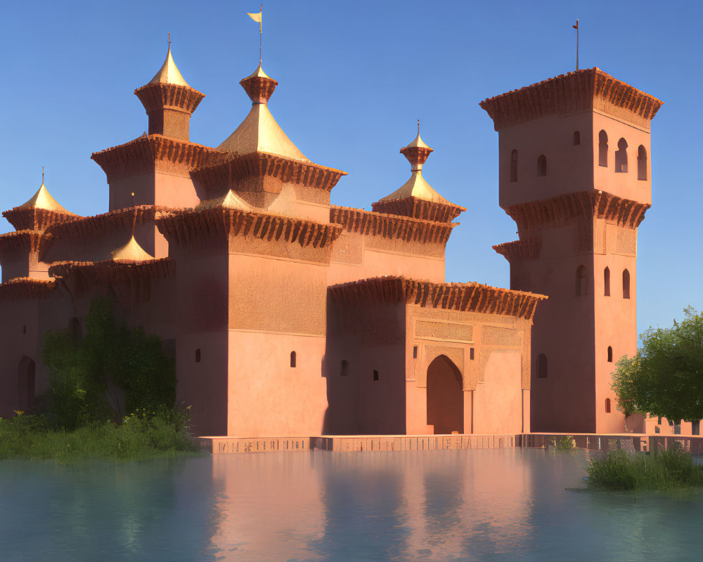 Tranquil Medieval Castle Illustration with Moat on Blue Sky