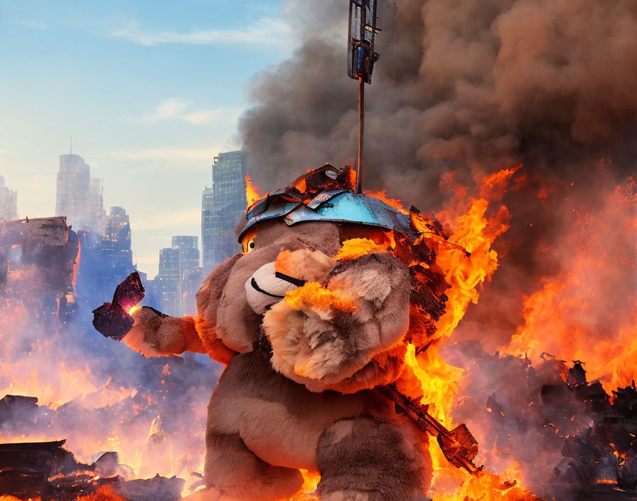 Plush Toy in Flames with Helmet in City Scene