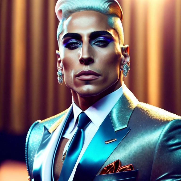 Stylish person with silver hair and blue suit on amber backdrop