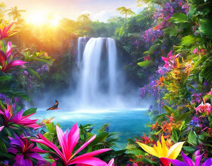 Majestic waterfall in vibrant tropical scene