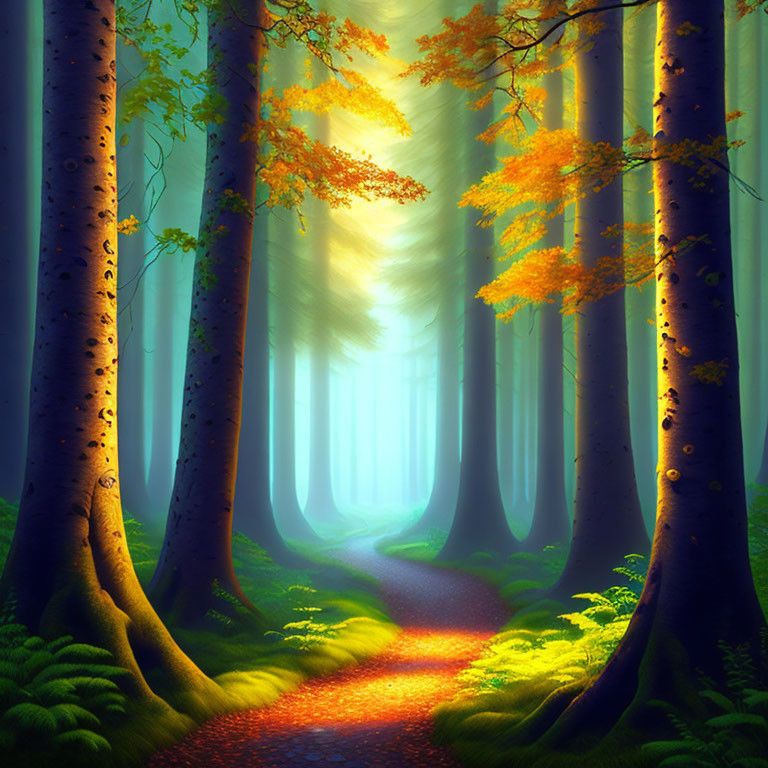 Enchanting forest scene with tall trees, sunlit path, moss, fog, and autumn leaves
