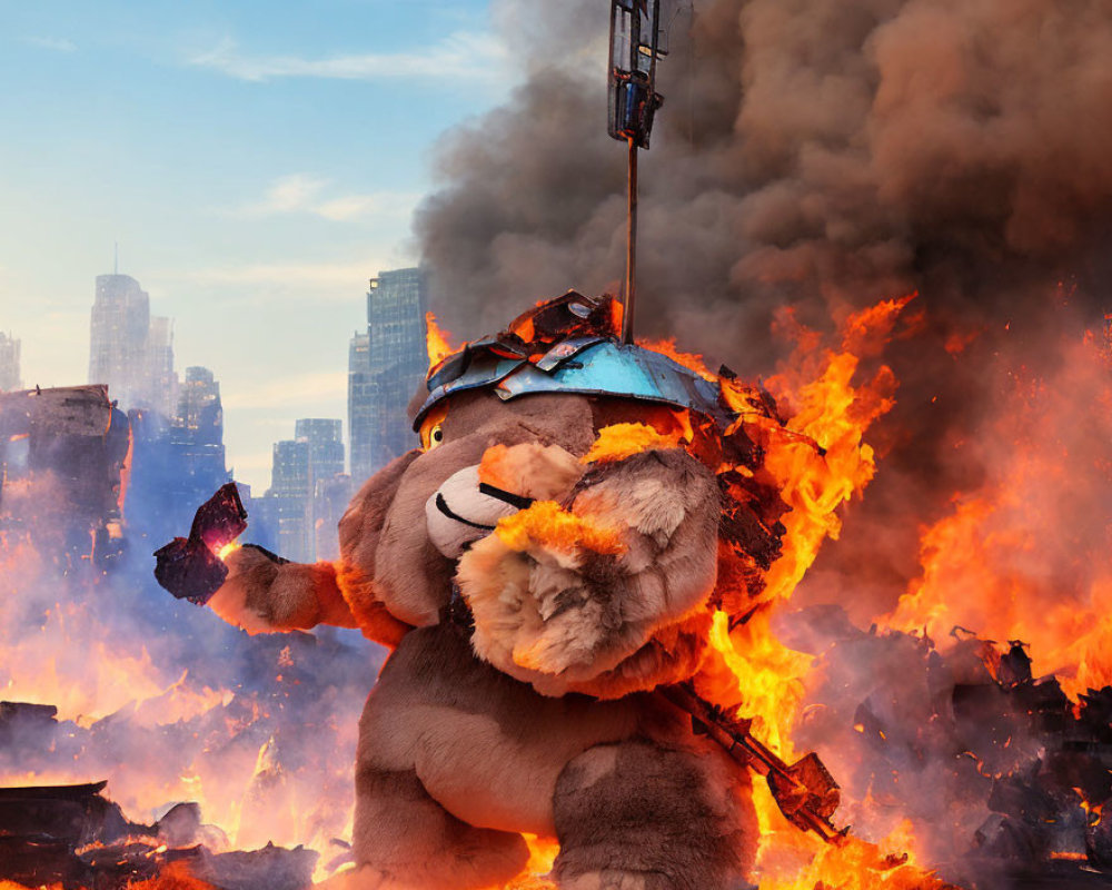 Plush Toy in Flames with Helmet in City Scene
