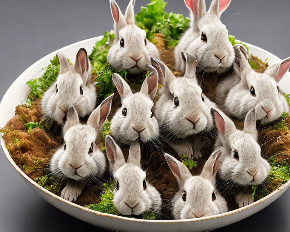 Plate with photorealistic rabbits among lettuce on black background
