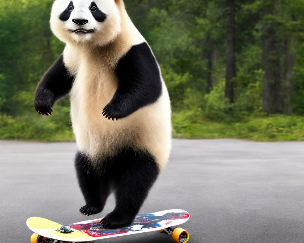 Whimsical panda bear skateboarding in digital art forest