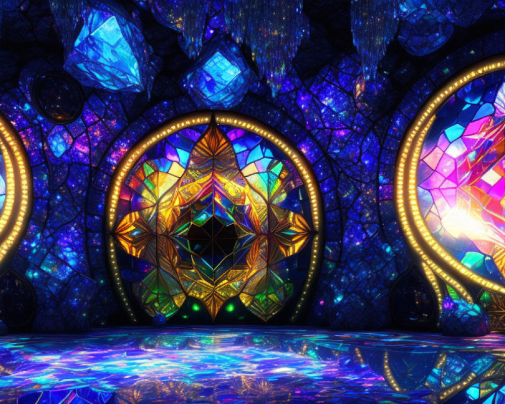Colorful digital art of three luminescent portals in a mystic cave