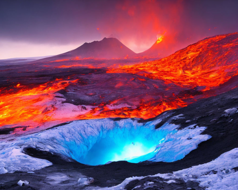 Volcanic landscape with flowing lava, fiery skies, and blue ice cave