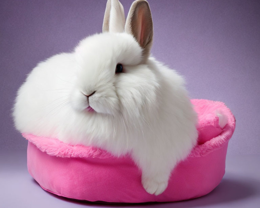 White Rabbit Sitting in Pink Pet Bed on Purple Background
